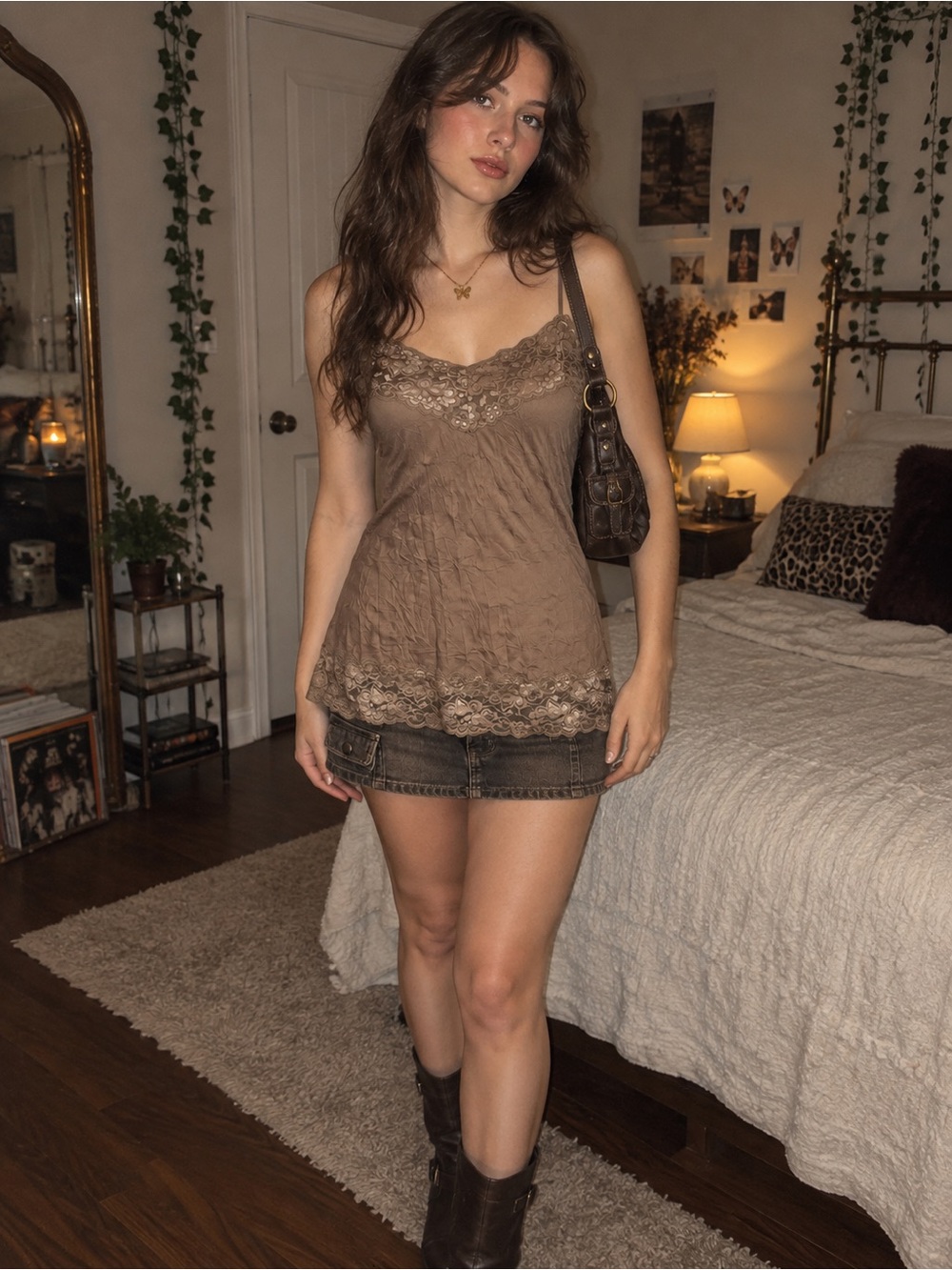 Vanity Essentials Brown Lace Longline Cami Top Size Medium